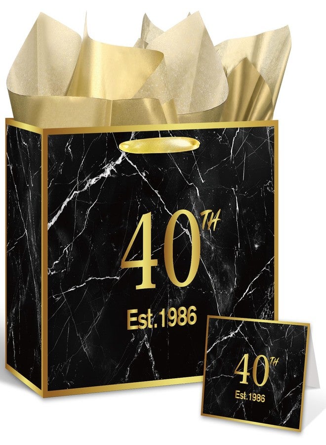 Yoirrat Black Gold 40th Birthday Gift Bag with Wrapping Tissue Paper & Card Large Est. 1986 Marble Gift Bag for Men Women 40 Year Old Bday Party Supplies Favors for Dad Husband Brother - Image 1